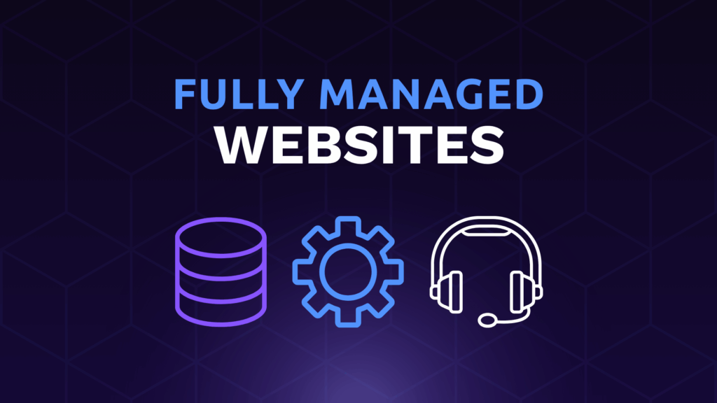 Illustration showing a database, a cog, and a support headset – representing a fully managed website for UK small businesses.