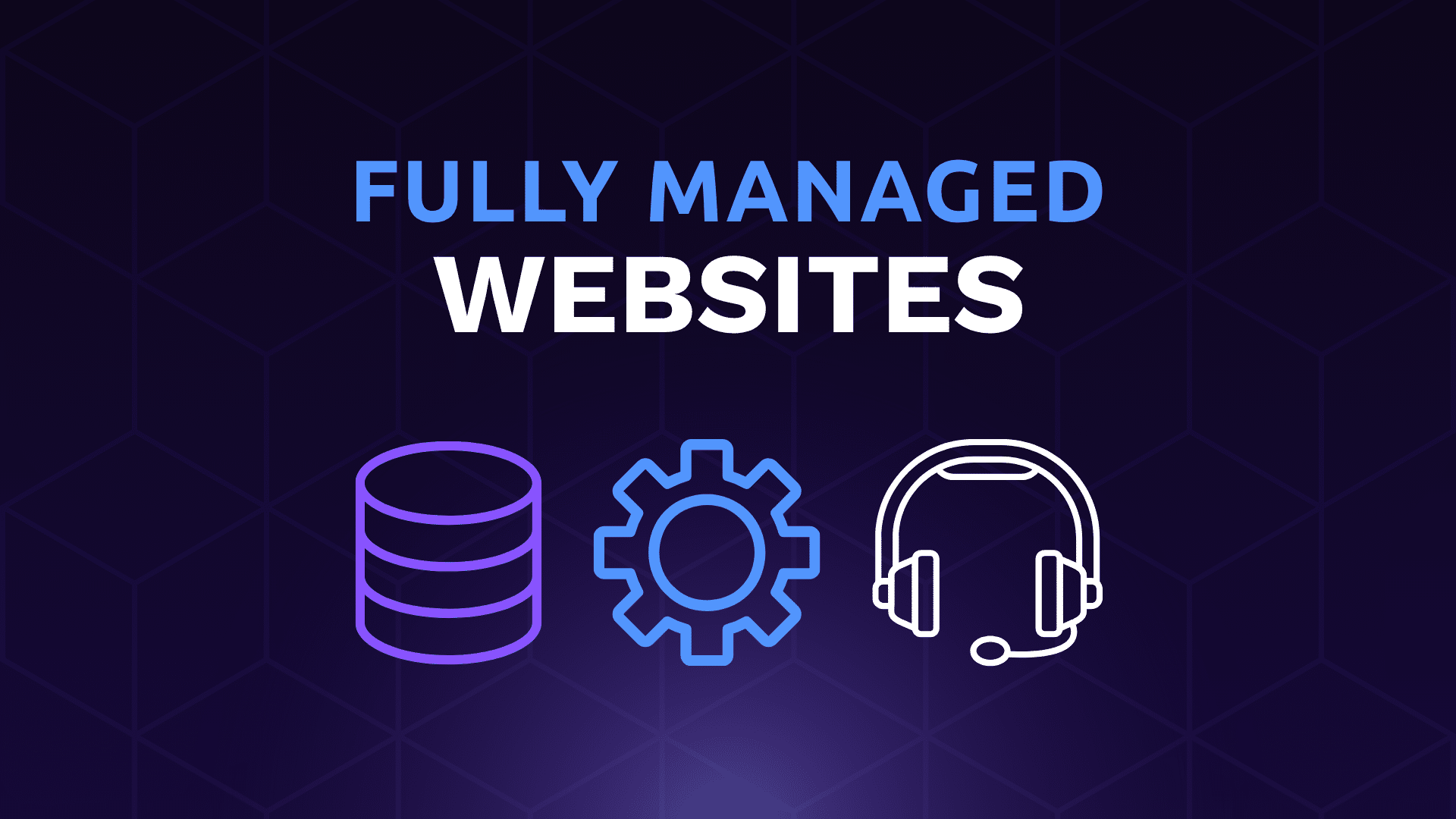 Illustration showing a database, a cog, and a support headset – representing a fully managed website for UK small businesses.
