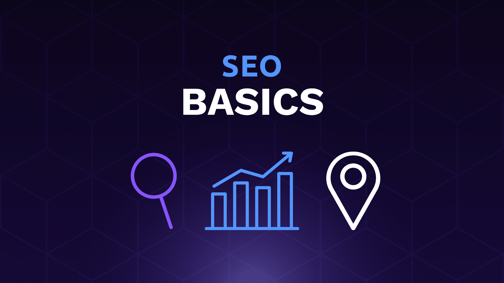 Icons of a search bar, rising chart, and map pin representing SEO basics for UK small businesses