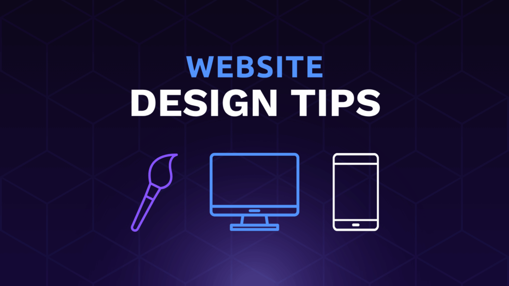 Illustration of a paintbrush, desktop monitor, and mobile phone representing website design tips for UK small businesses.