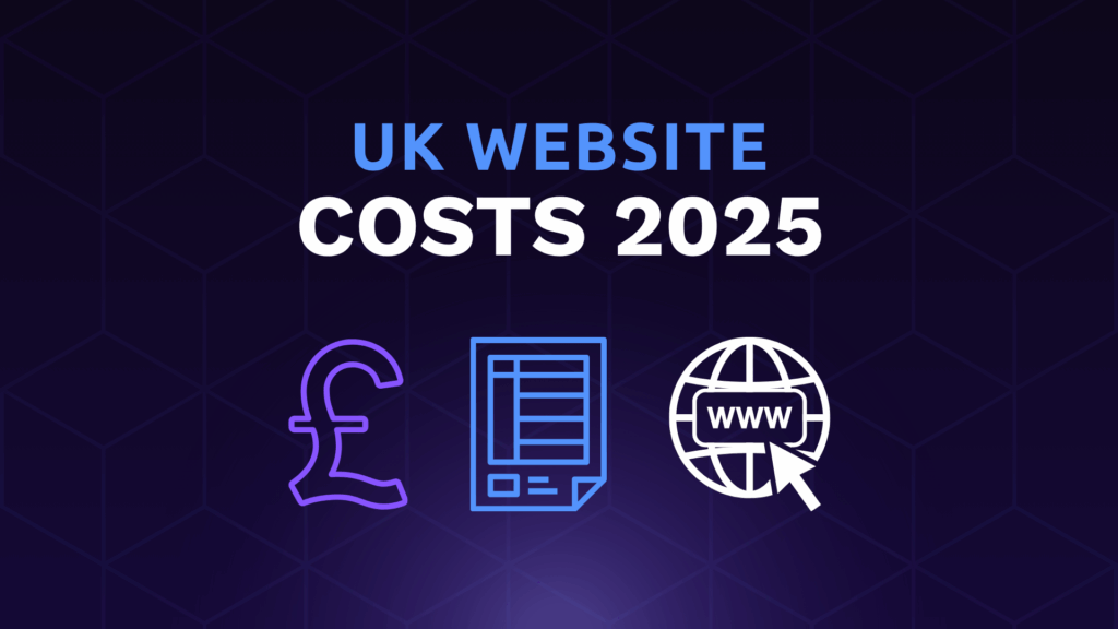 Illustration showing a pound sign, a pricing document, and a globe with “WWW” – representing website cost in the UK for small businesses in 2025.