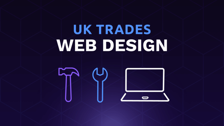 Graphic showing UK Trades Web Design with icons of a hammer, wrench, and laptop on a dark geometric background